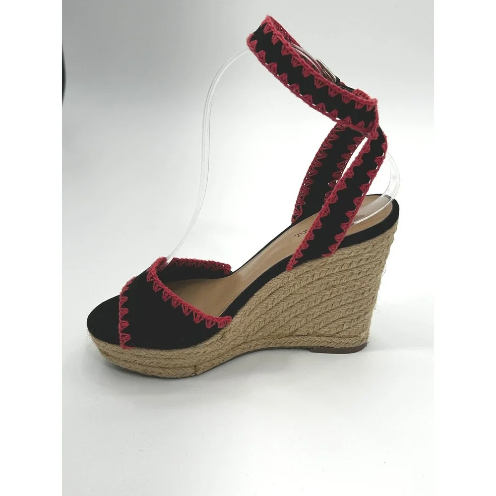 Indigo Rd Womens Black Pink Embroidered Espadrille Wedge Sandals Size 6